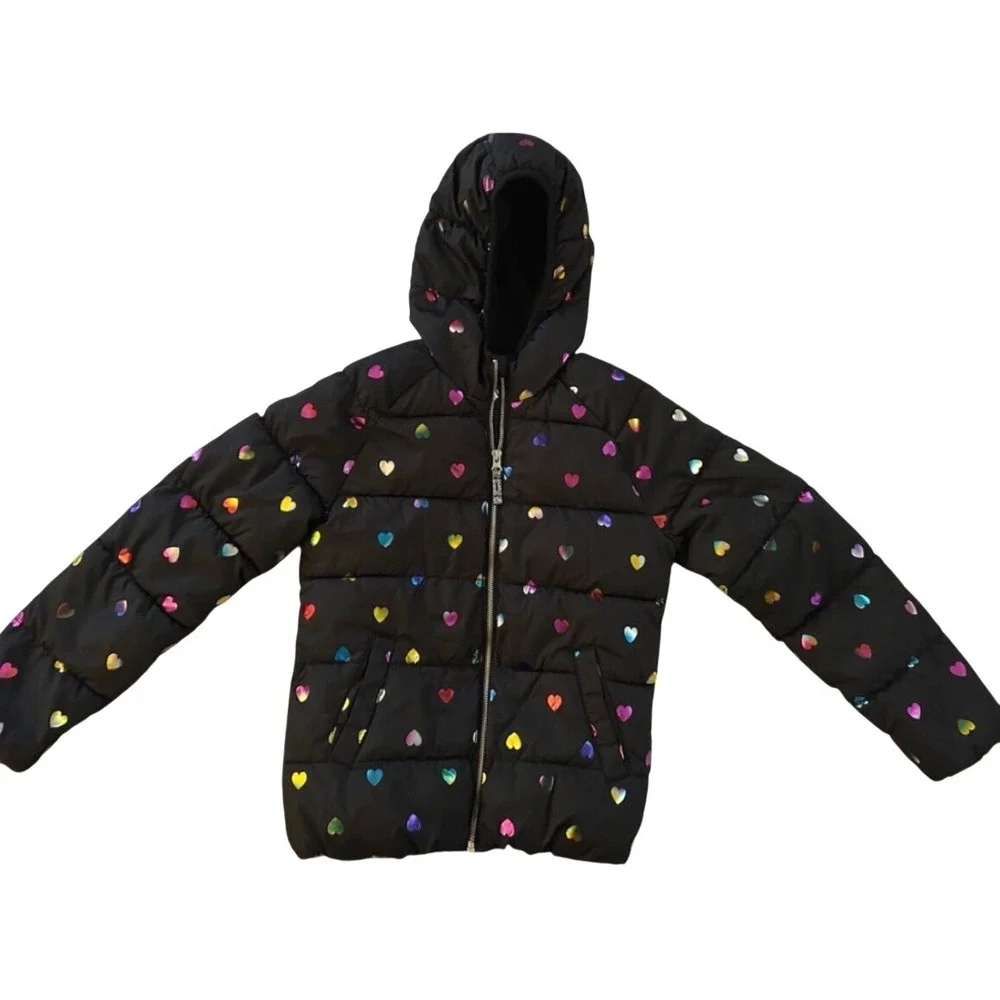 Kids Old Navy Black Puffer Jacket Rainbow‎ Metallic Hearts Size M 8